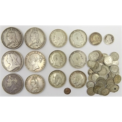  Collection of Great British pre 1920 silver coinage including 1821, 1845, 1888, 1892 and 1895 crowns, 1887 double florin, 1902, 1907, 1909, 1911, 1912 and 1914 half crowns, 1895 one shilling, 1787 maundy penny, quantity of threepence pieces etc  