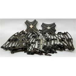 Hornby '0' gauge - layout accessories comprising PR1/PL1 Points, CR1 Right Angle Crossing and CA2 Acute Angle Crossing, all boxed; tin-plate signal box; tin-plate level crossing; textured wooden tunnel, possibly pre-WW2; and quantity of track, some boxed; together with '00' gauge tin-plate station