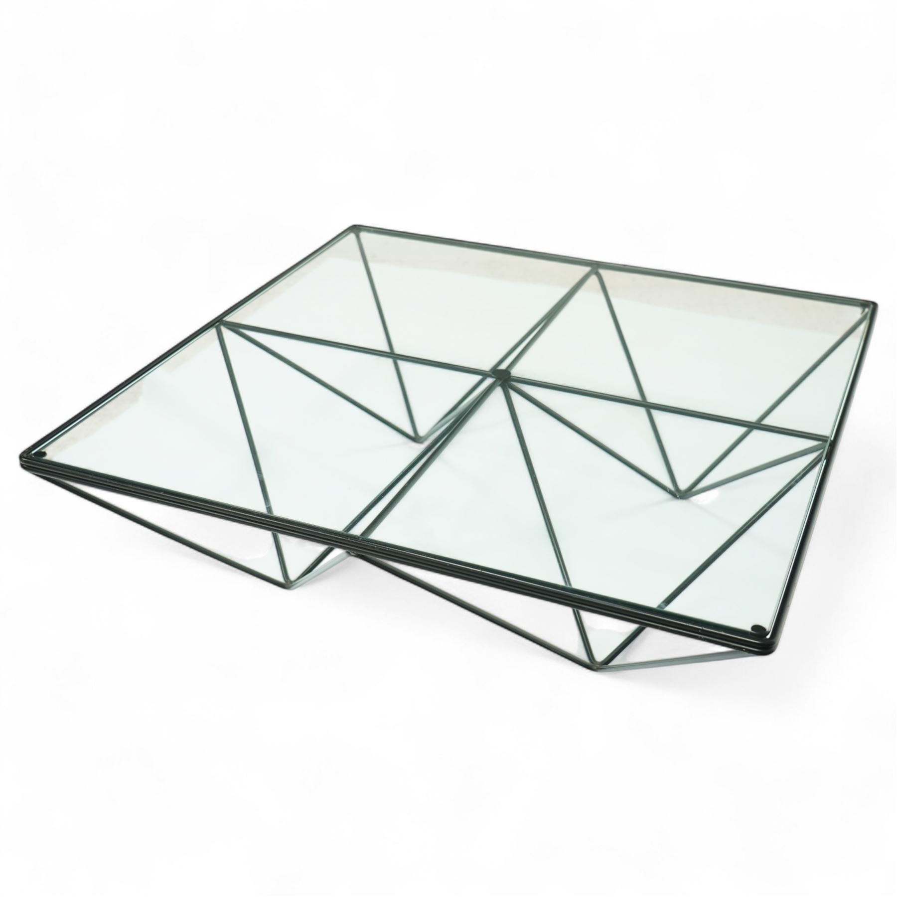 Paolo Piva for B & B Italia - Alanda coffee table with black powder-coated metal frame and clear glass top, the base with angular intersecting support struts forming a symmetrical design
