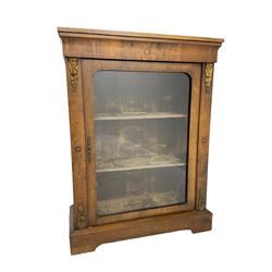 Victorian inlaid walnut pier cabinet, rectangular top over cavetto frieze inlaid with geometric foliate design, single glazed door enclosing shelves, inlaid uprights with matching designs and gilt metal floral and swag mounts, on chamfered plinth base