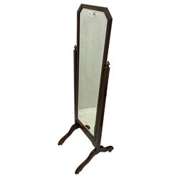20th century mahogany framed cheval dressing mirror, rectangular bevelled plate with canted top corners, fluted uprights on splayed end supports and castors