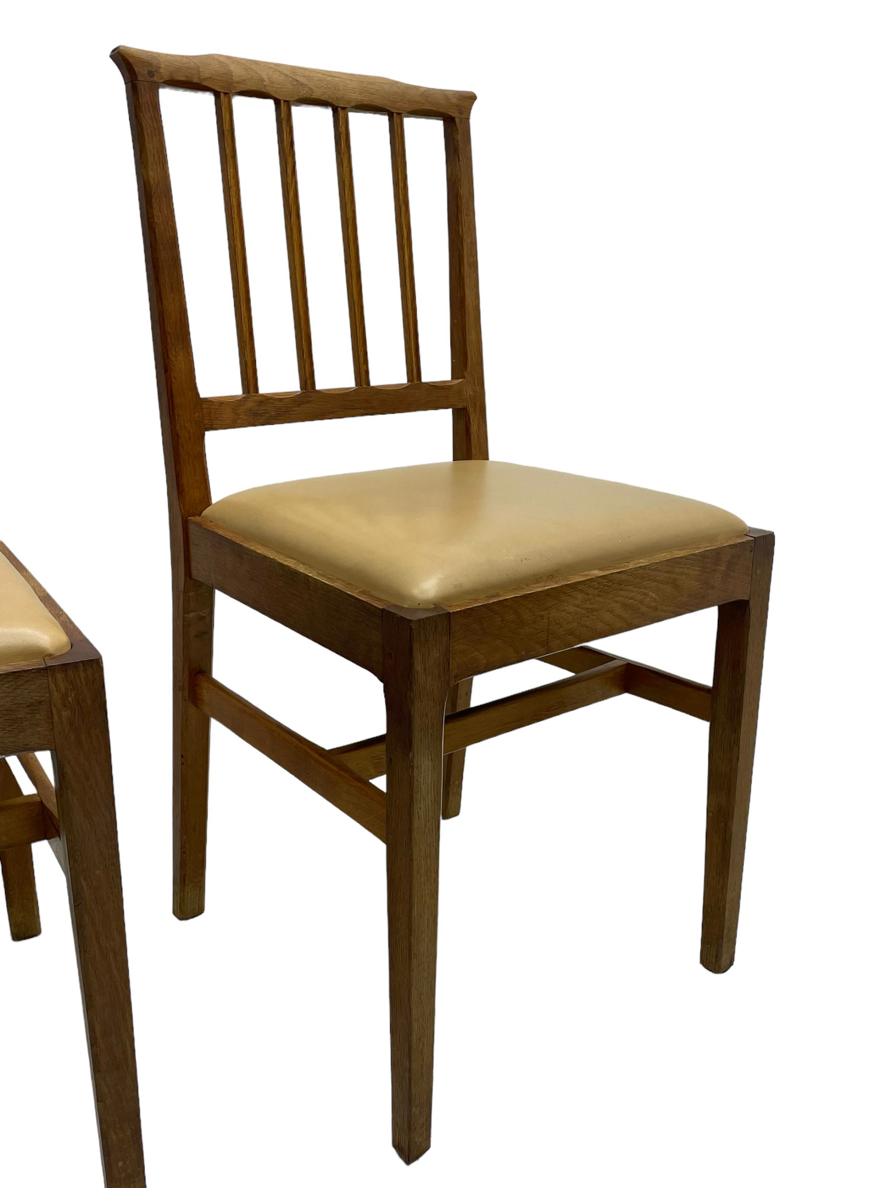 Acornman - set six (4+2) oak dining chairs, shaped cresting rail over moulded upright slats, square tapering supports joined by H-stretchers, by Alan Grainger, Brandsby, York