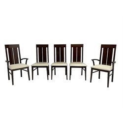 Large American walnut rectangular dining table on square block supports, together with set eight high back dining chairs with cream upholstered seats, the top and chair backs with matching inlaid geometric banding