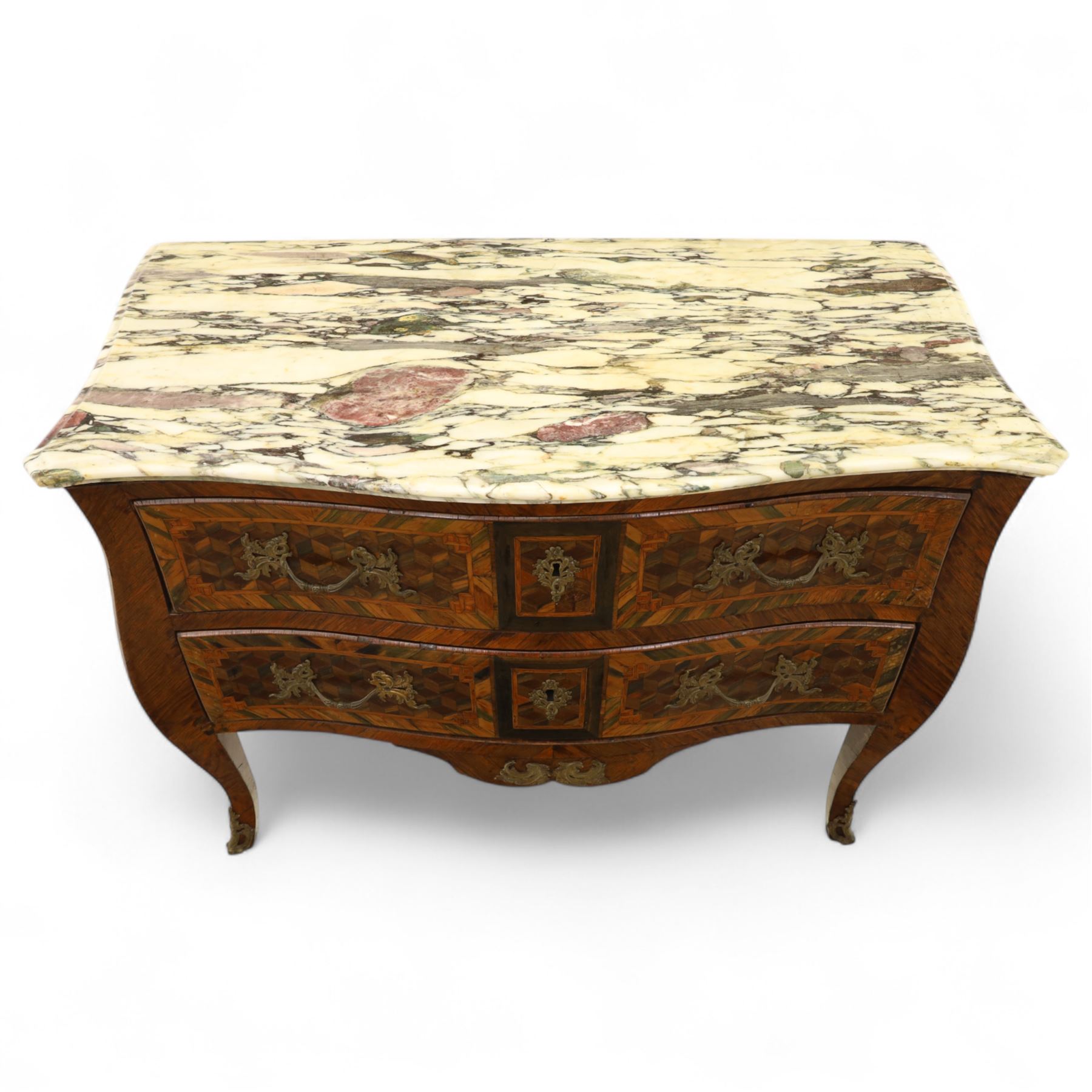 Late 18th-century Louis XV kingwood marquetry commode, rectangular top with original serpentine Breche marble top, above two long crossbanded drawers with rococo style gilt bronze handles and escutcheons in marquetry framed panel in various woods, shaped and centered apron with gilt bronze foliate mounts, sides and drawer fronts with cube geometric marquetry design, on slender cabriole legs with gilt bronze sabots  