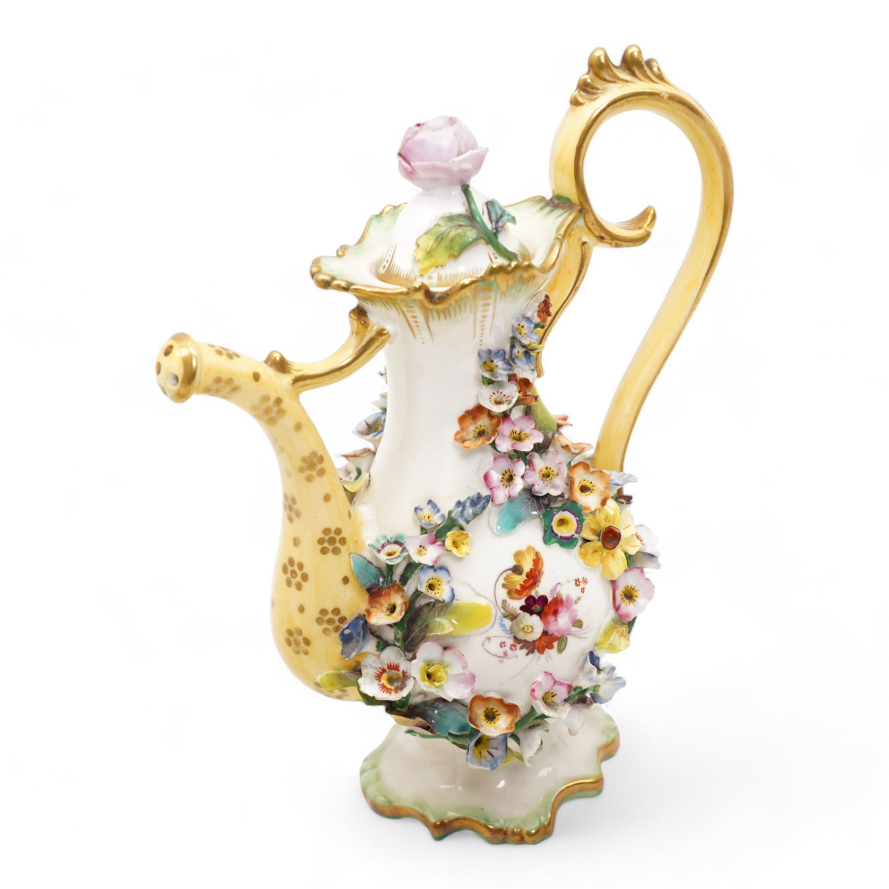 Early 19th century English porcelain miniature rosewater sprinkler in the form of a coffee pot, floral encrusted and painted body with flower knop handle and scroll handle, pattern no. 7916, H16.5cm, 19th century Rockingham style seated model of a Lion, L9.5cm and an early 19th century oval dish, inscribed beneath Geo. Maddey, 1803 (3)