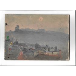 Frank Henry Mason (Staithes Group 1875-1965): 'Morning' overlooking the Old Town Rooftops Scarborough, oil on board titled unsigned 18cm x 25cm (unframed)
Provenance: family descent from Frank Henry Mason's sister Eleanor Marie (Nellie). Not previously been on the market
