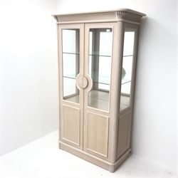 French style limed oak finish display cabinet, two doors enclosing two glazed shelves, with illuminated interior, plinth base, W106cm, H180cm, D50cm