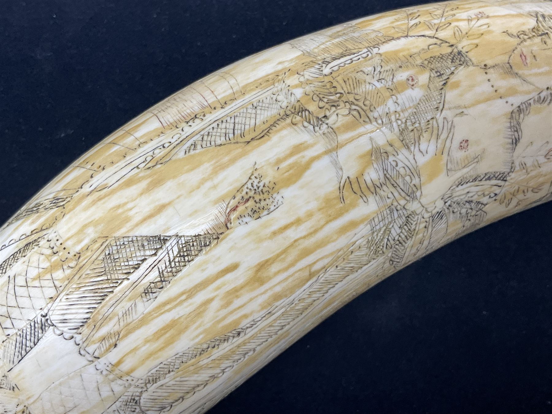 19th century scrimshaw sperm whale tooth from the whaler 'Dove' initialled J.A, Notes, Dove was a Union whaling boat, built at Newbury. Tt was scuttled as part of the Second Stone Fleet on January 25th-26th, 1862, in an attempt to block Charleston Harbor. The captain of the Dove was Captain James Wells Green Port. There were five members of the crew had the initials J.A, any of which could have created the scrimshaw.