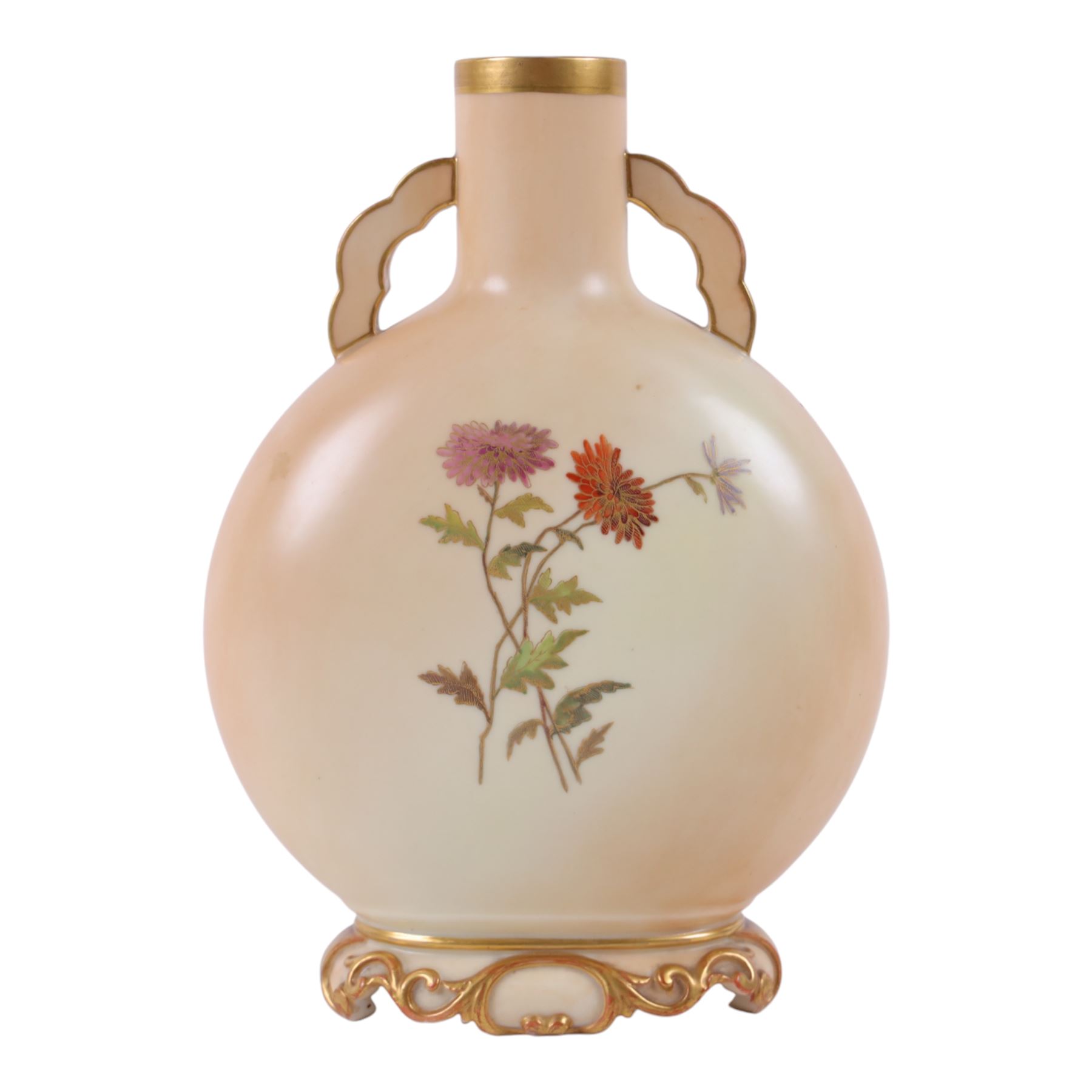 Royal Worcester Blush Ivory Moon Flask, decorated with floral sprigs, with gilt handles, puce mark beneath, H22cm