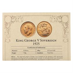 King George V 1925 gold full sovereign coin, in London Mint Office case
