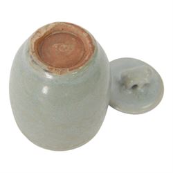 Celadon longquan lidded bowl with lotus decoration, together with another lidded jar with elephant finial, tallest H15cm 