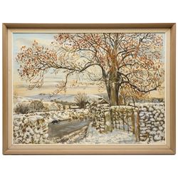 Thomas Leslie Kerkham (Yorkshire 1918-1986): Sheepdog Herding in the Snow and Holstein Friesian Cows Meandering, two oils on canvas board max 54.5cm x 75cm (2)