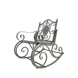 Regency design wrought metal rocking garden bench armchair, pierced back with scroll design over strap seat, with C-scroll back supports, in antique grey finish