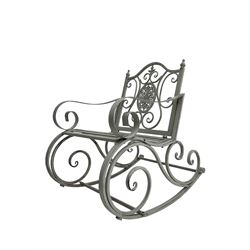 Regency design wrought metal rocking garden bench armchair, pierced back with scroll design and central foliate medallion over strap seat, with C-scroll arms and supports, in antique grey finish