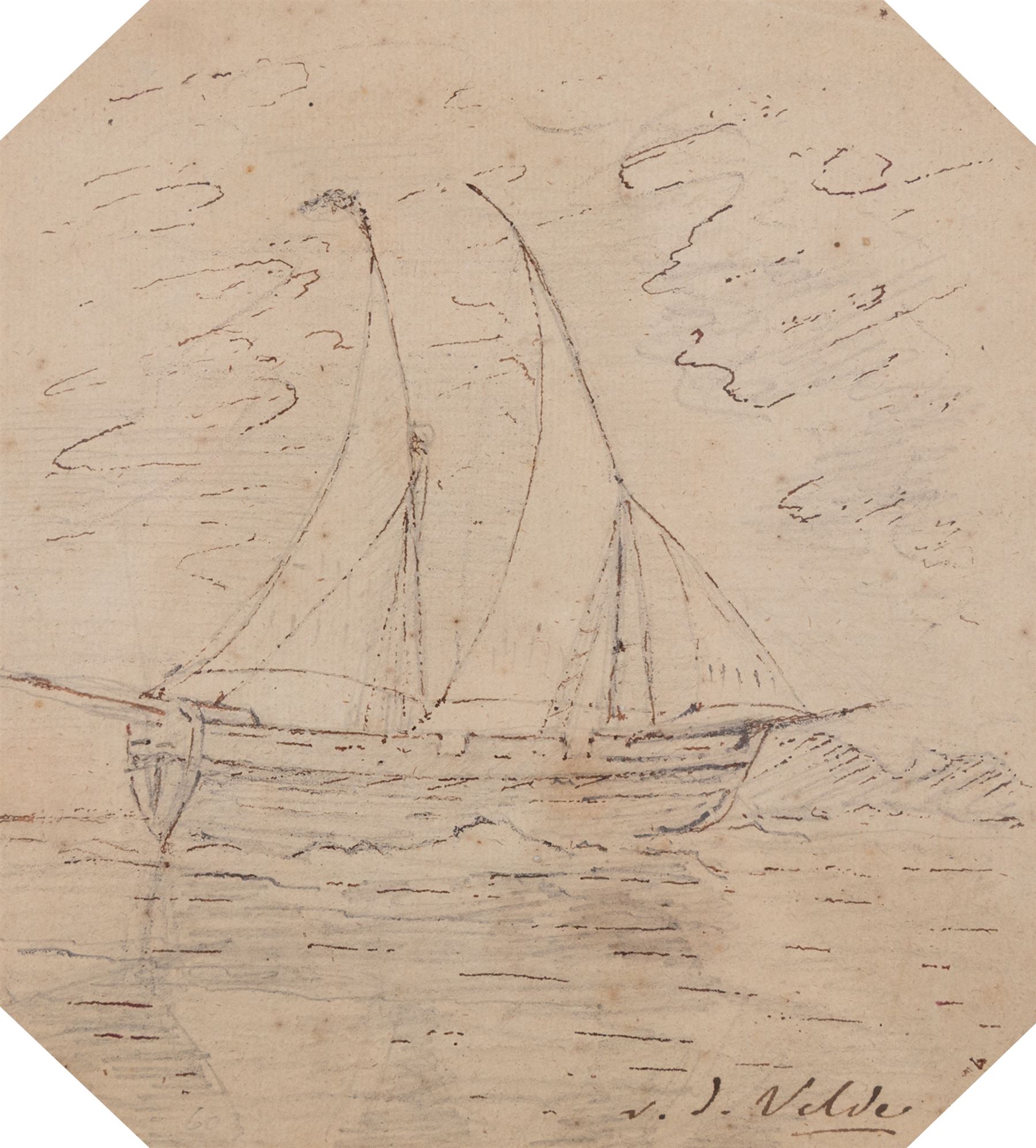 Manner of Willem van de Velde (Dutch 1633-1707): Sailing Boat Battling a Storm, pencil and ink on paper bearing signature 17cm x 15cm 