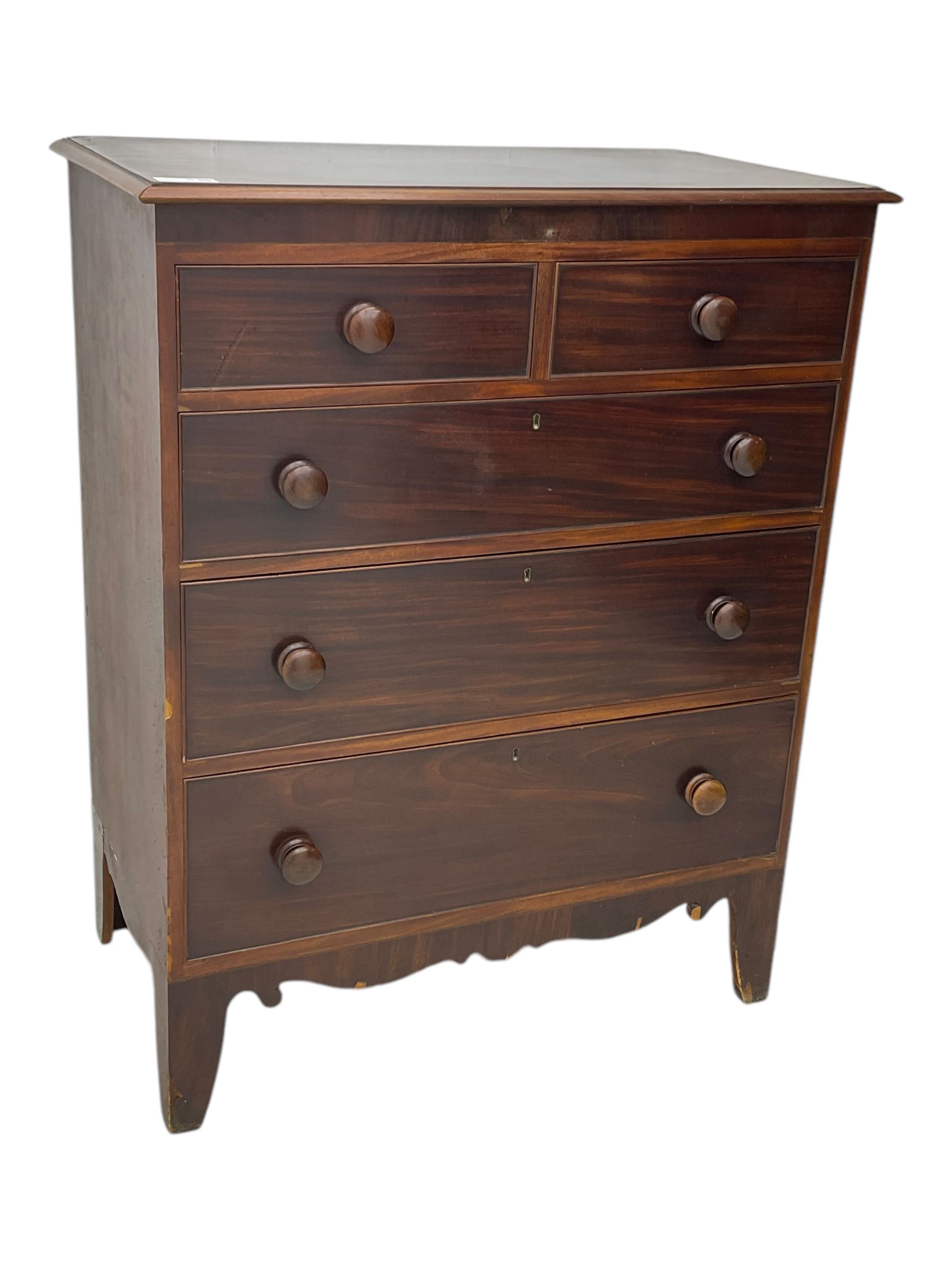 Victorian mahogany chest, rectangular top with moulded edge over two short and three long cockbeaded graduated drawers, on shaped bracket feet