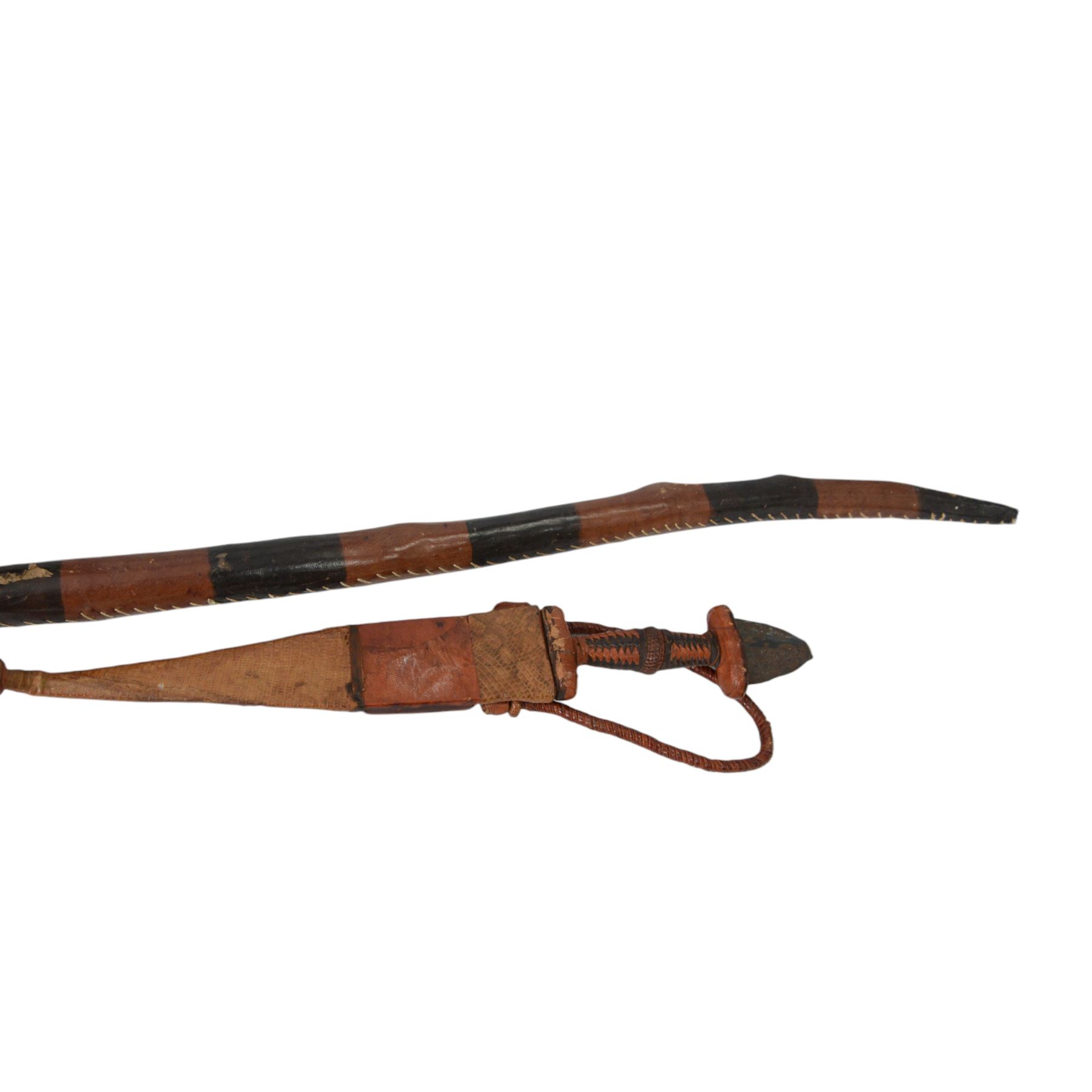 Tuareg hunting dagger, together with military penknife, drum, leather covered spear etc