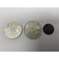 William IIII 1836 fourpence coin, Queen Victoria 1890 double florin, King Edward VII 1904 sixpence, approximately 370 grams of Great British pre 1947 silver coins including King George V 1935 crown and two Queen Elizabeth II Australia 1966 silver fifty cent coins 