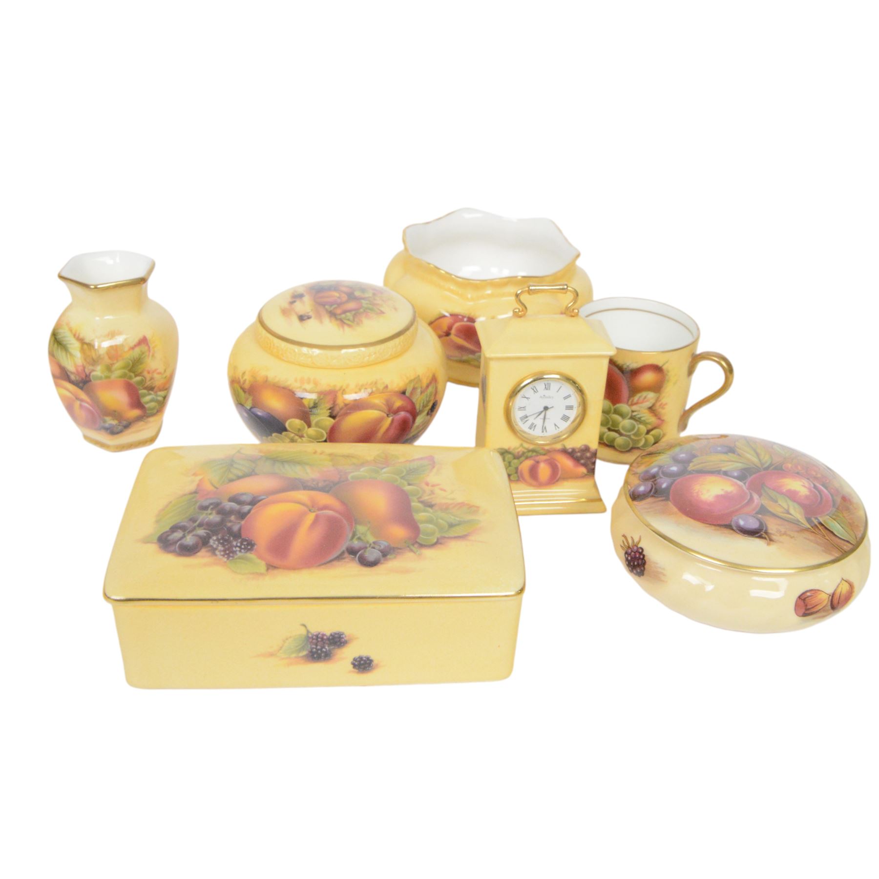 Aynsley Orchard Gold pattern, including coffee can and saucer, clock, vase, jug etc, vase H20cm
