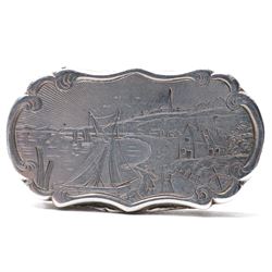 Victorian silver castle top vinaigrette engraved with a scene of Folkestone Harbour, hinged grille Birmingham 1846 Maker Nathaniel Mills