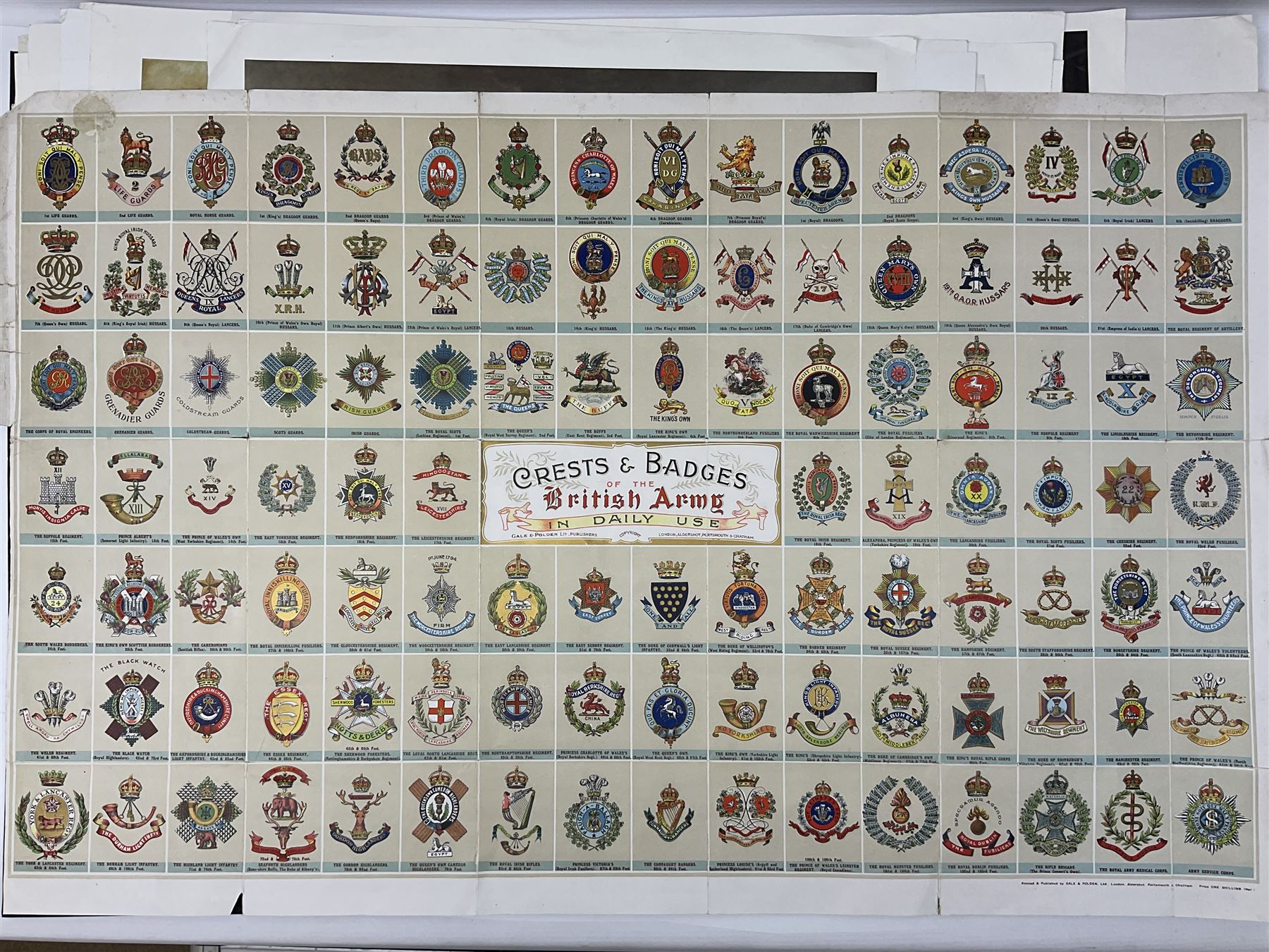 Large poster entitled 'Crests and Badges of the British Army in Daily Use 56 x 86cm; together with twenty-five colour prints of military interest including Crimean War, Boer War, WW2 etc; various sizes; all unframed