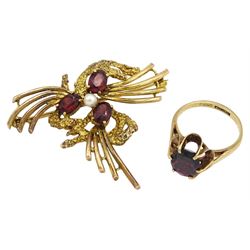 Gold three stone garnet and pearl abstract brooch by Cropp & Farr and a gold single stone oval garnet ring, both hallmarked 9ct 