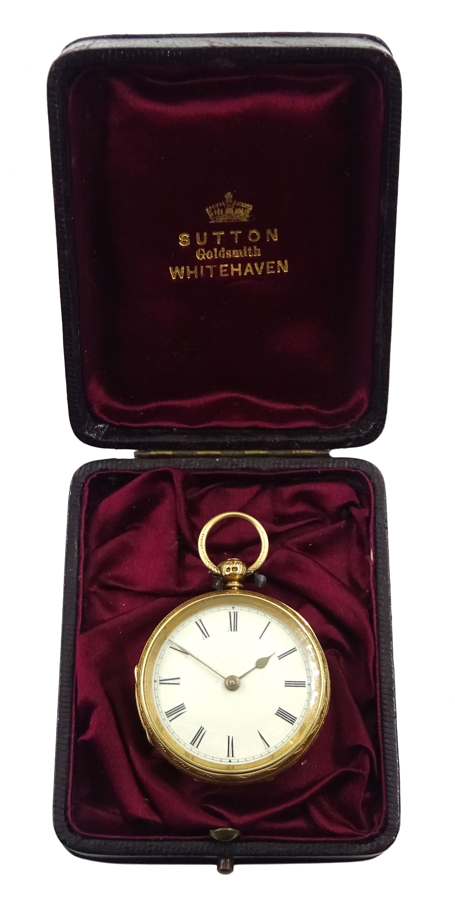 Victorian 18ct gold open face English lever ladies pocket watch by Robert Sutton, Whitehaven, No. 95098, white enamel dial with Roman numerals, case by Rotherham & Sons, Birmingham 1891, in original velvet and silk lined case