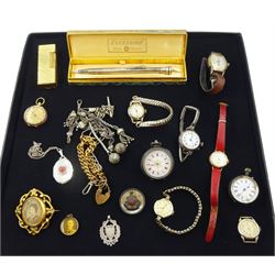Art Deco Benrus gilt wristwatch, Dunhill gilt lighter, gold fob watch stamped 9K, two silver fob watches, silver wristwatch, silver pencil and silver jewellery, stamped or hallmarked, 9ct gold manual wind wristwatch on leather strap and other vintage costume jewellery