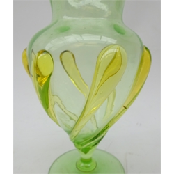  Early 20th century green pedestal glass vase with yellow tears, in the style of Harry Powell for Whitefriars, H17.5cm  