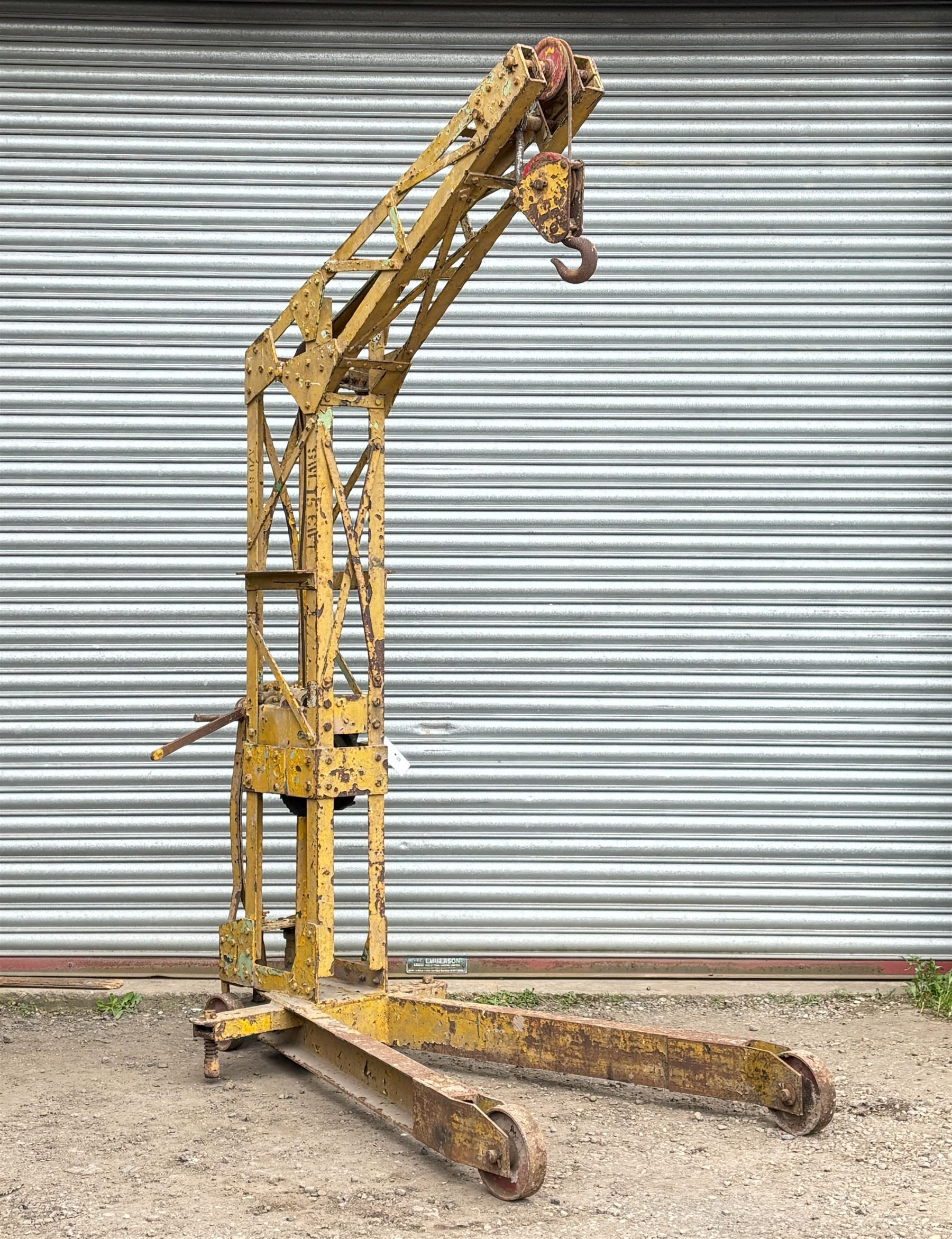 Large mobile crane or engine hoist by Mann Egerton of Norwich, C.1946. H250cm - COLLECTION BY APPOINTMENT FROM: The White House, Thirsk Road, Easingwold, York, YO61 3NF - CALL 01723 507111 TO ARRANGE