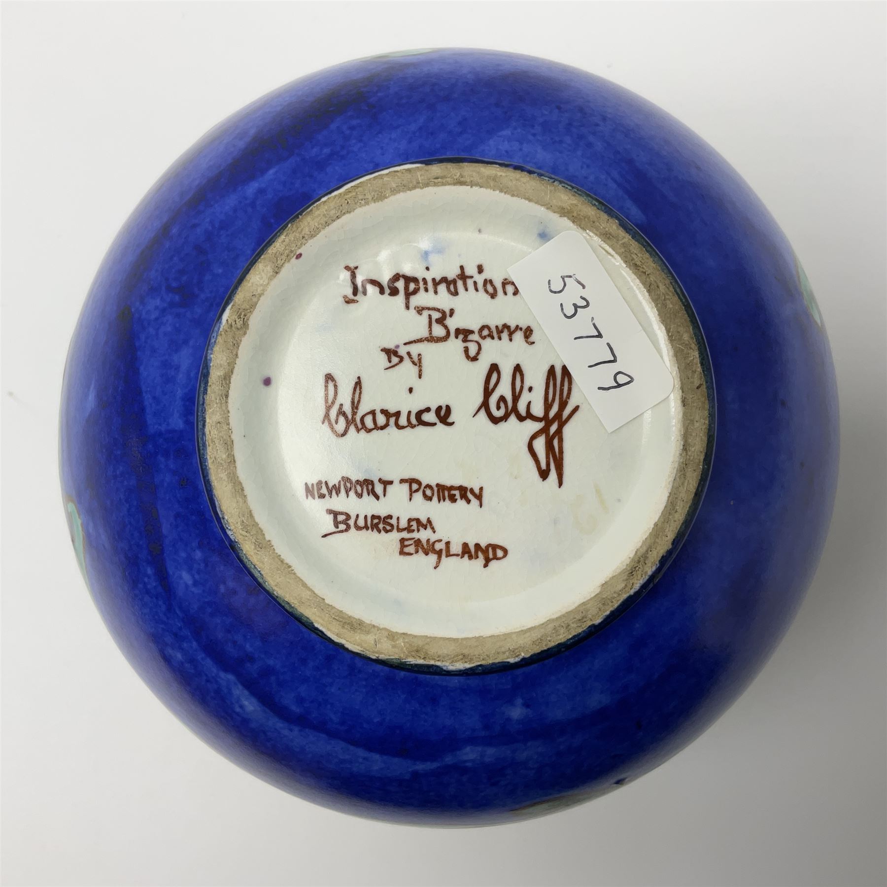 Clarice Cliff Bizarre for Newport Pottery Inspiration Tresco pattern vase, the body of shape 370 globe form painted in yellow, orange, pink, purple, green and blue with stylised island and sea related motifs such as scales and seaweed, with painted and impressed marks beneath, H15cm