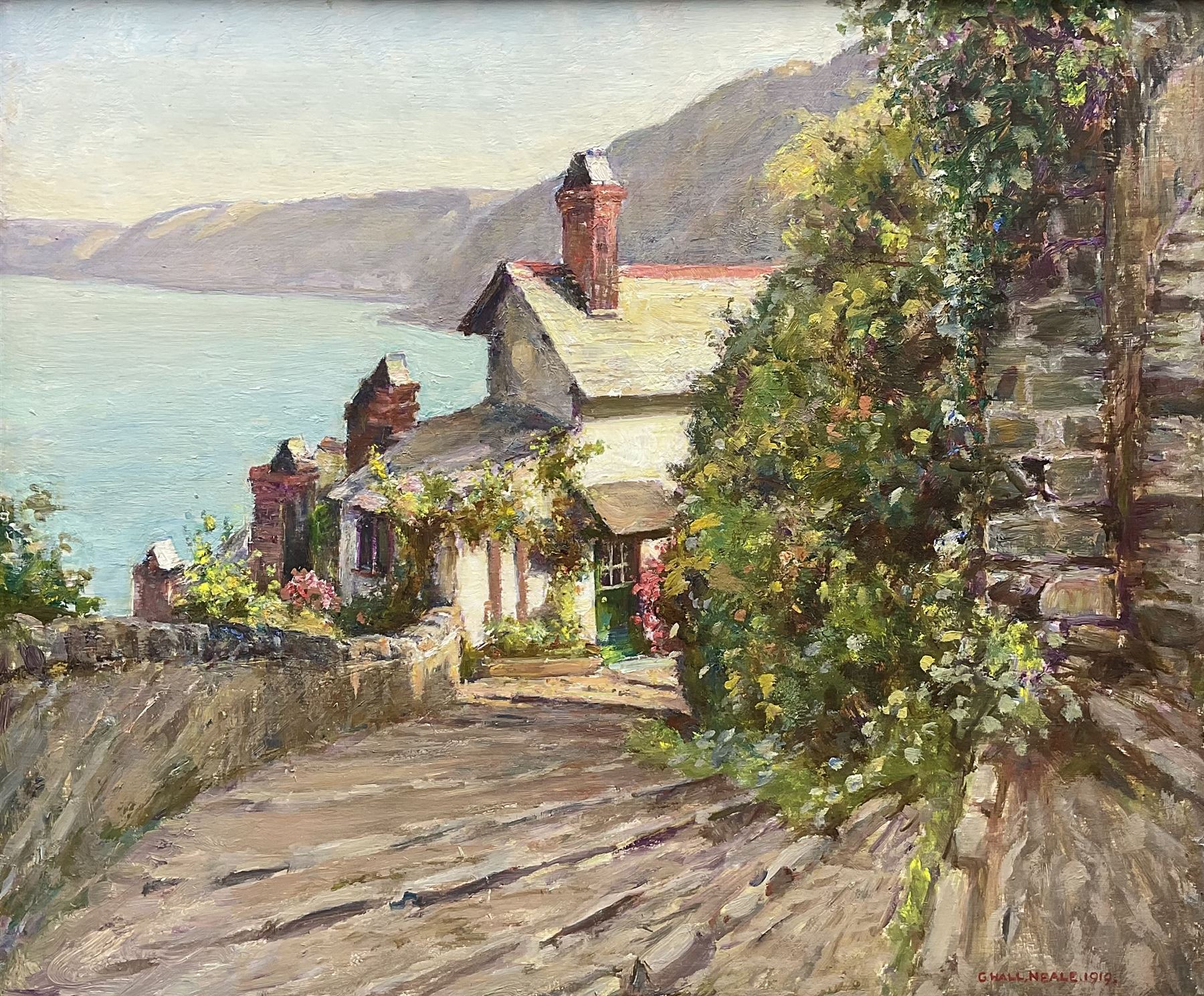George Hall Neale (British 1863-1940): 'Clovelly - Up and Down Along', oil on board signed and dated 1919, original label verso 37cm x 45cm