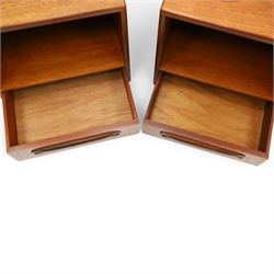 G-Plan - ‘Fresco’ teak pair of bedside cabinets, each with rectangular top over open recess and single drawer with sculpted handle, on plinth base