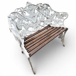Coalbrookdale design white painted aluminium 'Fern' bench with slatted seat