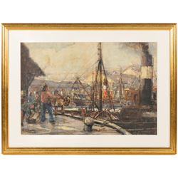 William J Mann (Scarborough mid 20th Century): Steam Trawlers by the Fish Quay Scarborough, watercolour signed and dated '49, with a study of shipping beneath mount verso 30cm x 45cm
Notes: Mann was a member of the Fylingdales Group of Artists and lived in Newby, Scarborough. 
Provenance: purchased David Duggleby Ltd 21st June 2024 Lot 21