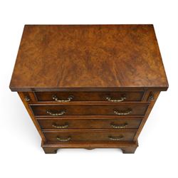 Reprodux - Georgian design figured and burr walnut bachelors chest, rectangular hinged-fold over top with reeded edge supported by stays, over four long graduating cock-beaded drawers, lower moulded edge on bracket feet