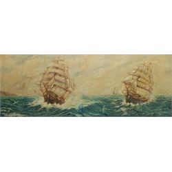 F Hutchinson (British 20th century): Three Sailing Ships, oil on board signed 55cm x 146cm