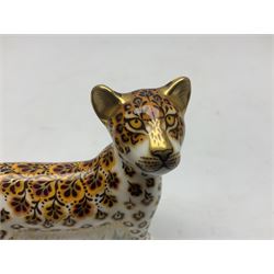 Two Royal Crown Derby paperweights, comprising Devonian Fox Cub, limited edition for Goviers 842/1500 with gold stopper, original box and certificate, Leopard Cub, with gold stopper, both with printed mark beneath