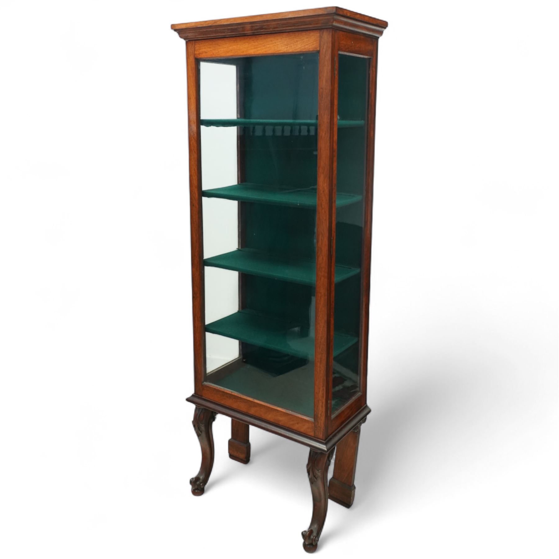 Early 20th-century mahogany wall display cabinet, of tall and narrow rectangular form, moulded cornice above hinged glazed door with four internal shelves, the legs with acanthus carved knee on scroll carved cabriole front legs and stile back legs 