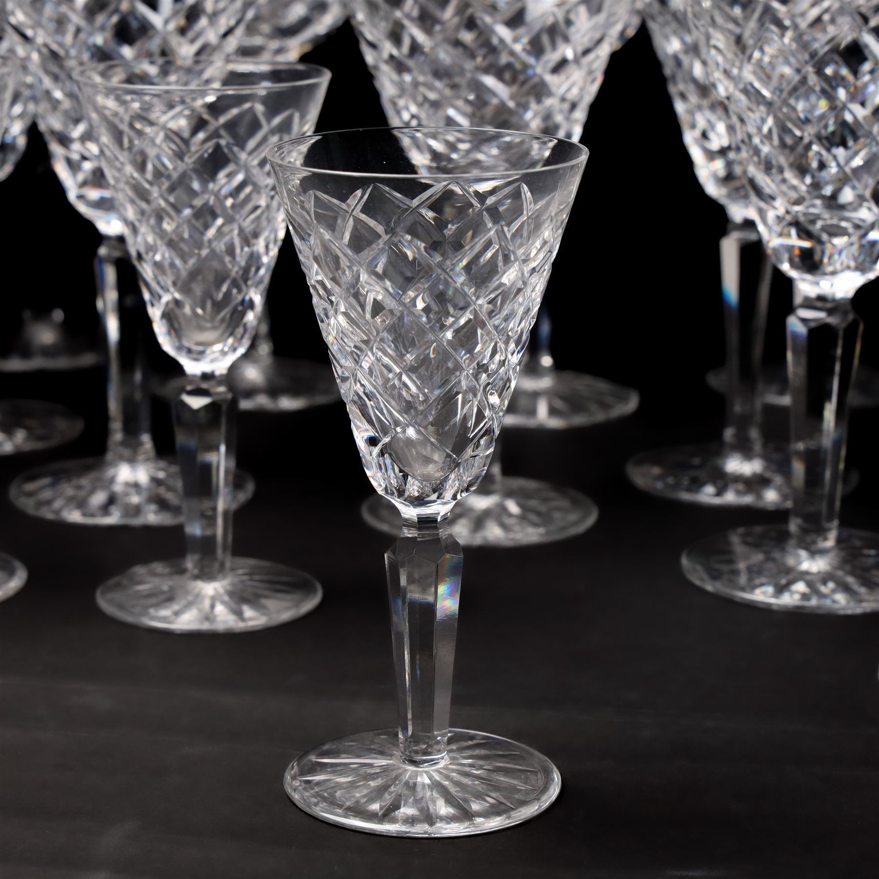 Set of Waterford Tyrone pattern table glass comprising six Hock glasses, six claret glasses, six tumblers and seven sherry glasses