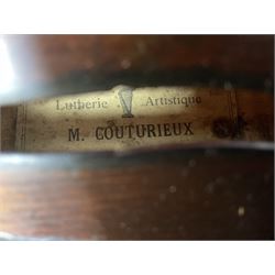 French violin for restoration with 36cm two-piece maple back and ribs and spruce top, bears label 'Lutherie Artistique M. Couturieux'; in wooden case; two modern three-quarter size violins in cases; and five violins for spares or repair