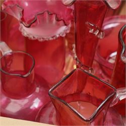 Large collection of Victorian and later cranberry glass, including various large examples, in one box, tallest H30cm 