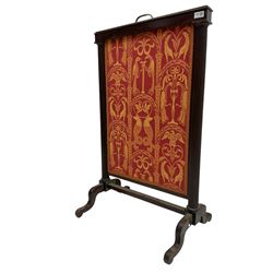 19th century mahogany framed fire screen, adjustable extending screen with crimson upholstery screen decorated with gilt hippocampi, peacocks, columns and other classical scenes, flanked by reeded columns, on cabriole supports