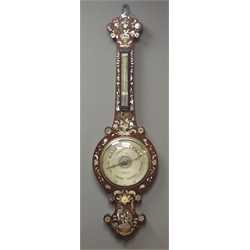  19th century inlaid rosewood wheel barometer, engraved silvered dial signed 'Maspoli' Hull', with thermometer, mother and pearl foliage and floral inlays, H99cm  