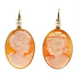  Pair of gold cameo and pearl earrings, stamped 9K  