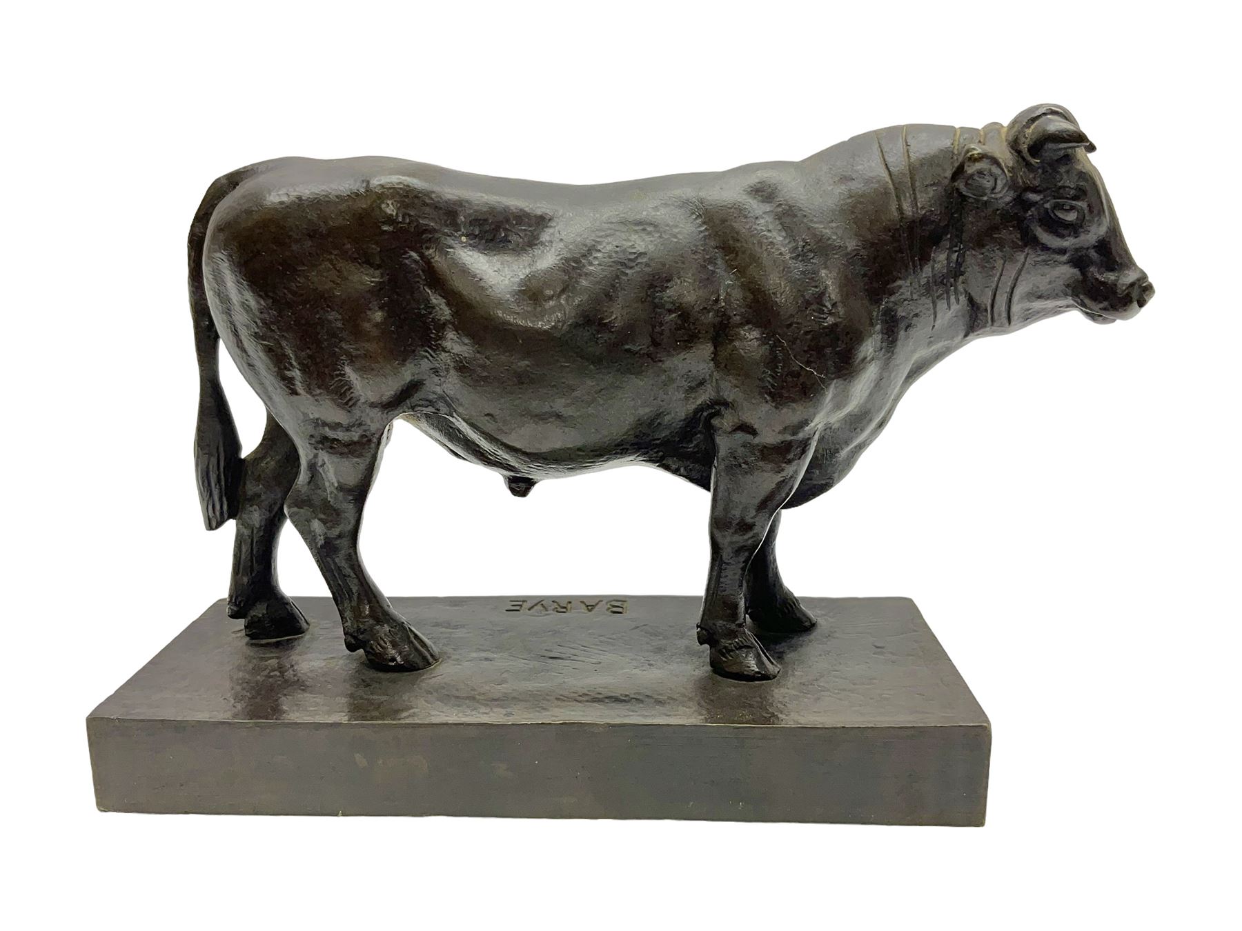 After Antoine-Louis Barye, bronze figure of a bull, upon a rectangular base, H10cm 