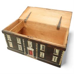 Georgian style painted wooden country house box, the rectangular hinged lid enclosing a plain interior, the exterior decorated as a symmetrical Georgian facade with sash windows, and central stepped and pedimented doorway, with moulded base and top edge