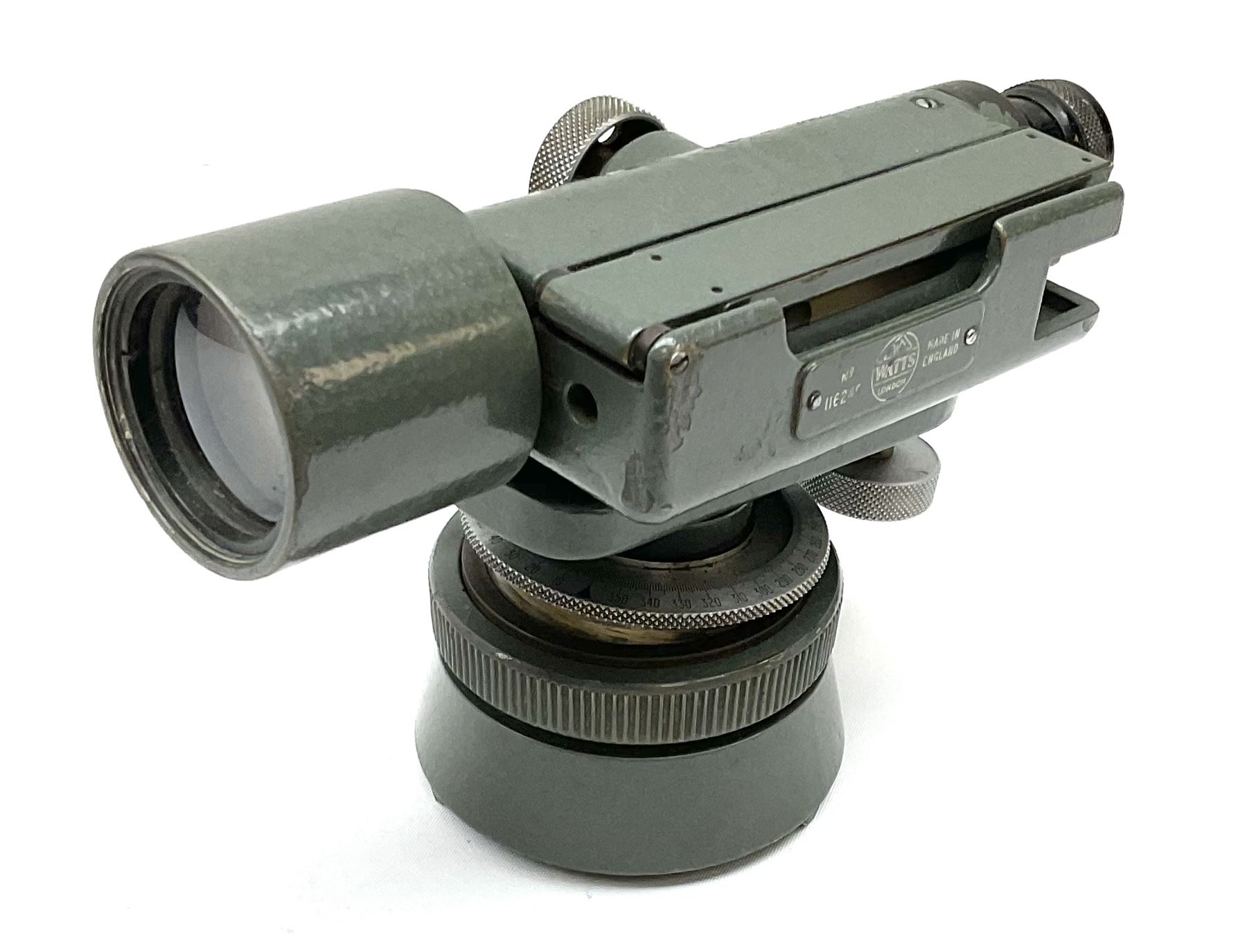 Black finished monocular microscope by Prior London No. 17372,  with pitchfork base and rack and pinion focusing, in original fitted wooden case with additional lenses, H32cm, together with Watts dumpy level, no. 116249, in a leather case