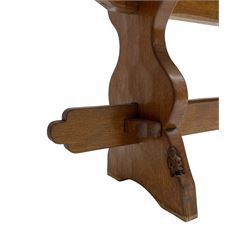 Gnomeman - adzed oak narrow bench, rectangular seat on shaped end supports united by pegged stretcher, carved with gnome signature, by Thomas Whittaker, Little Beck 