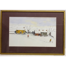  Cottages in winter Landscape, 20th century watercolour by P Brooke (unsigned) 23cm x 36cm  